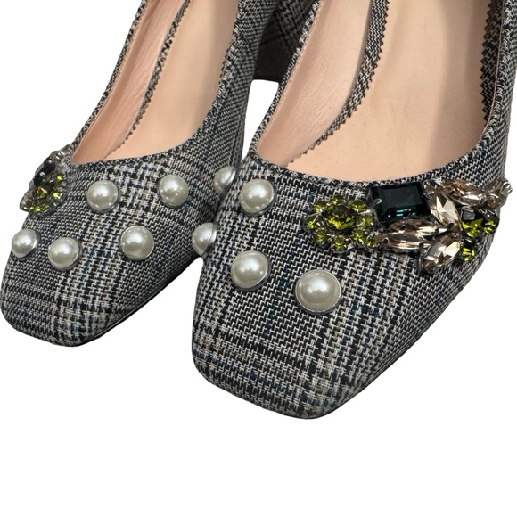 J. Crew Glen Plaid Embellished Block Heel Pumps Pearls Jeweled Square Toe - Picture 10 of 14